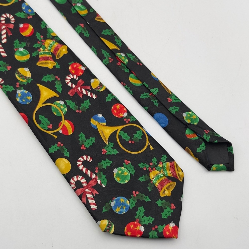 Christmas Holiday Necktie Black Ornaments Candy Canes Holly Horns Festive Party